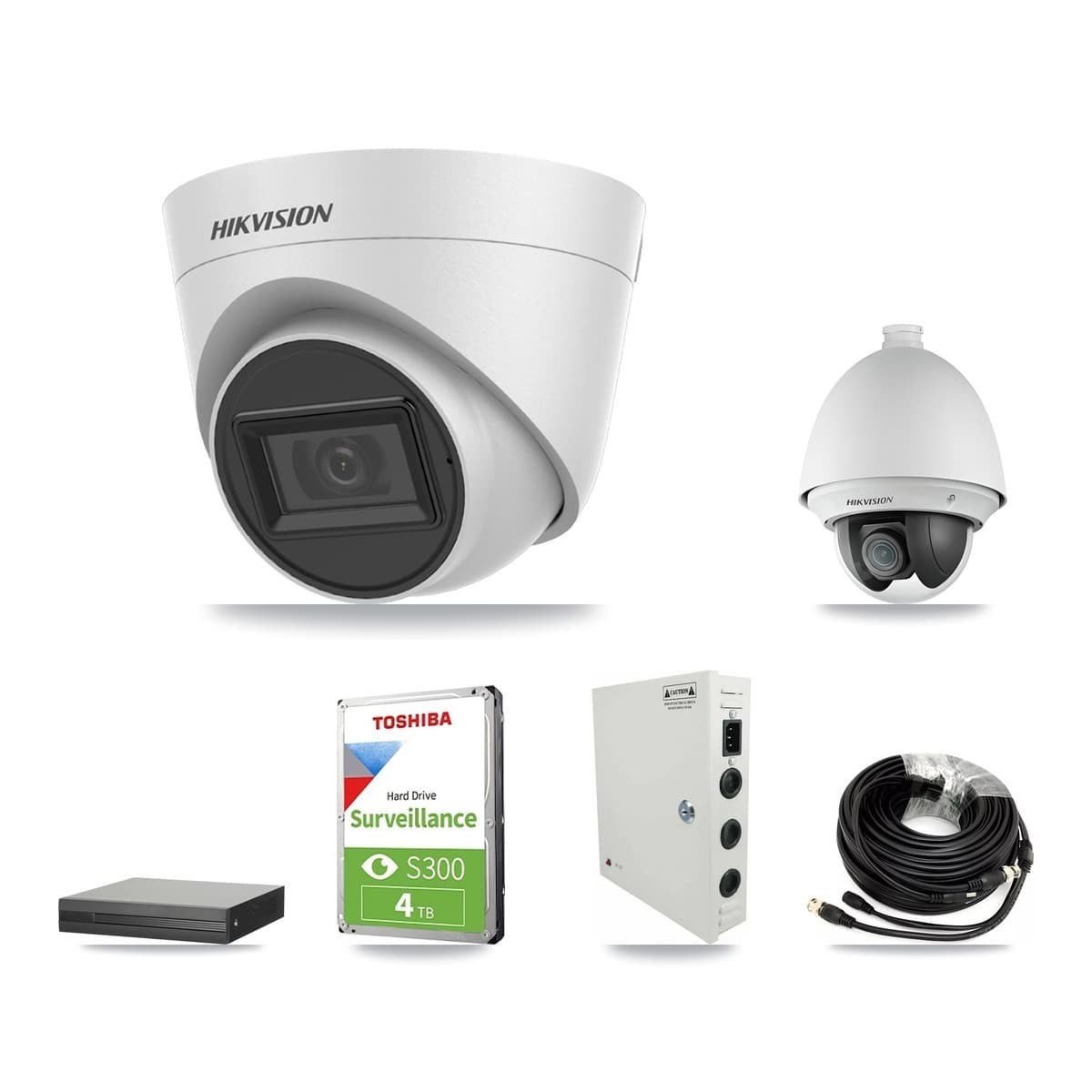 Hikvision 4-Channel 2MP – 5MP CCTV Kit — 1 2MP PTZ + 2 White 5MP Turret Cameras + 4TB Recording (XVR-3104HS Recorder) - Image 1
