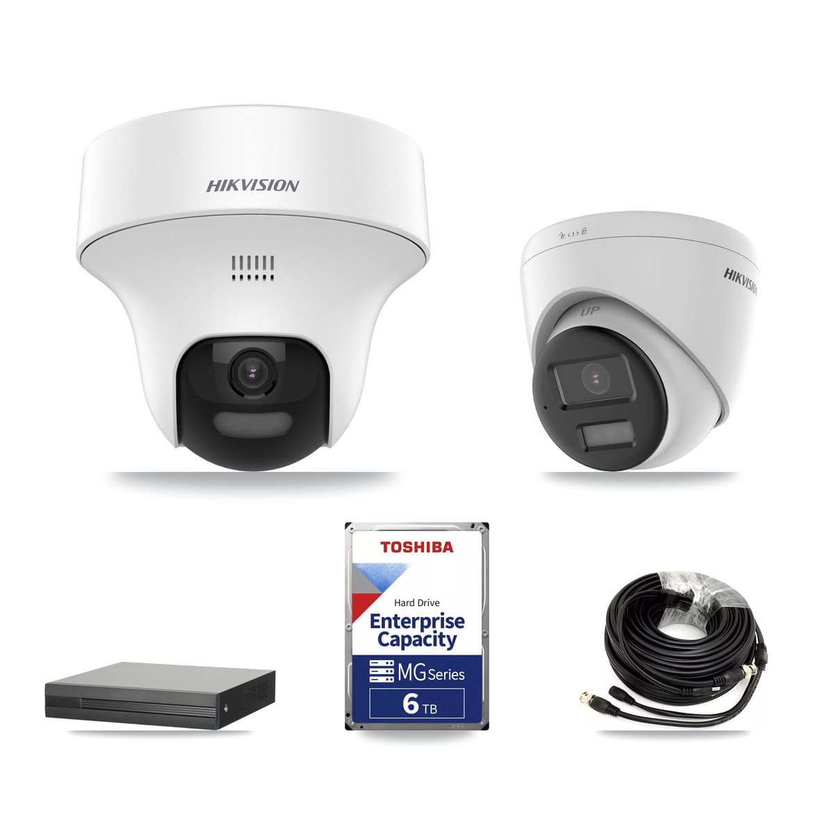 Hikvision 4-Channel 5MP CCTV Kit — 1 DS-2CE70K0T-PTLTS + 1 DS-2CE78K0T-LPTS Turret Cameras + 6TB Recording (XVR-3104HS-5MP-LITE Recorder) - Image 1