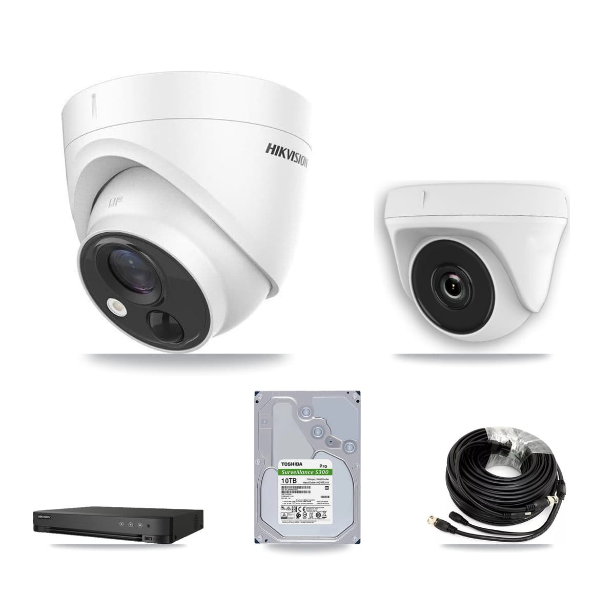 Hikvision 8-Channel 2MP – 5MP CCTV Kit — 6 DS-2CE71H0T-PIRLO 5MP Turret + 2 White HDT-2MP-N20W-2.8MM 2MP Dome Cameras + 10TB Recording (IDS-7208HUHI-M1/E Recorder) - Image 1