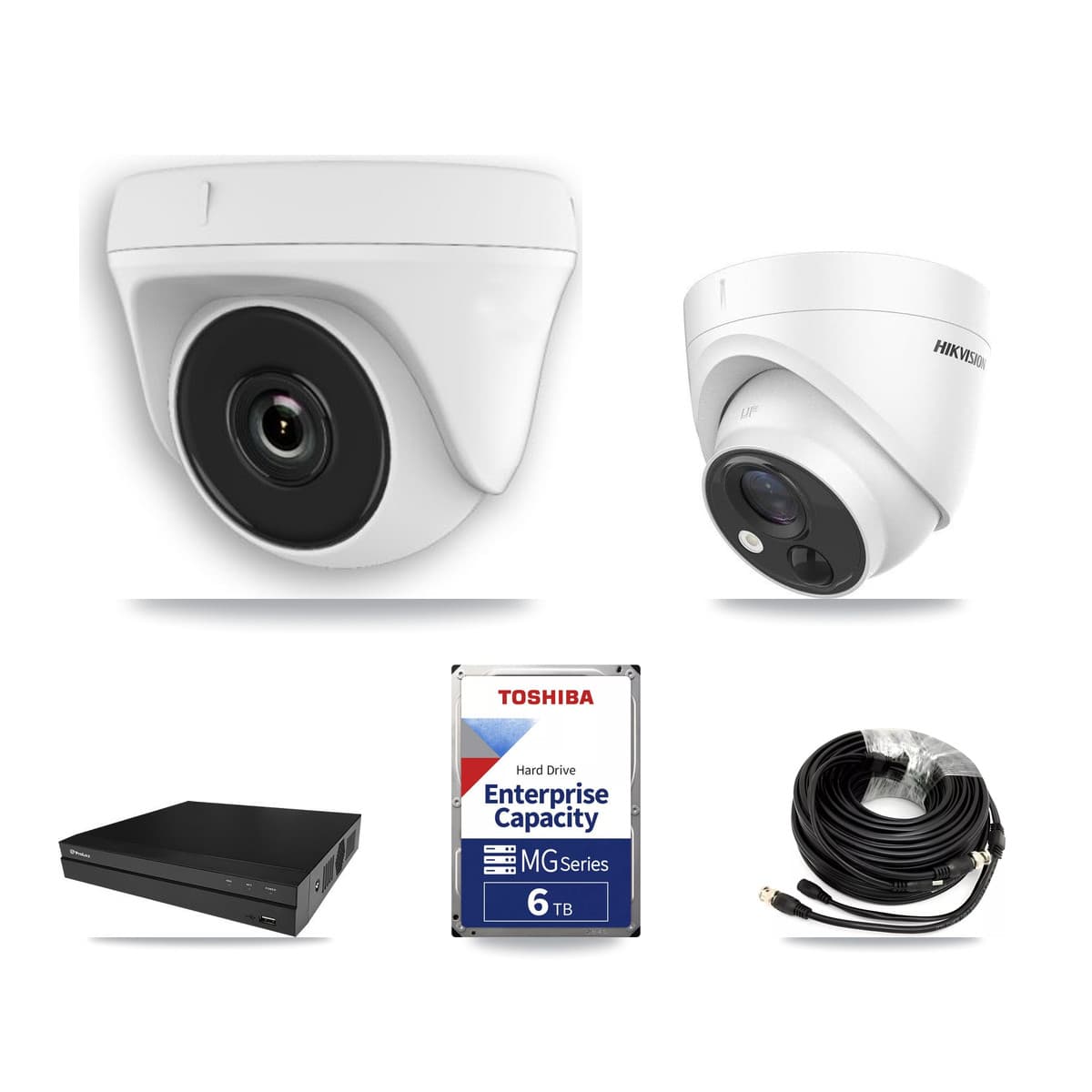 Hikvision & Prolux 8-Channel 2MP – 5MP CCTV Kit — 2 DS-2CE71H0T 5MP Turret + 5 White HDT-2MP-N20W 2MP Dome Cameras + 6TB Recording (PXD-5208AN Recorder) - Image 1