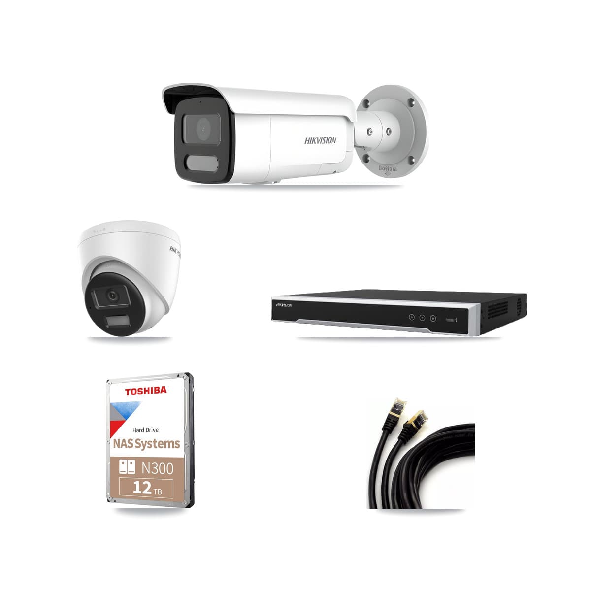Hikvision 8-Channel 4MP – 4K CCTV Kit — 1 DS-2CD1383G2-LIUF/SL 4K Turret + 7 DS-2CD2T47G2H-LISU/SL 4MP Bullet Cameras + 12TB Recording (DS-7608NI-M2/8P Recorder)