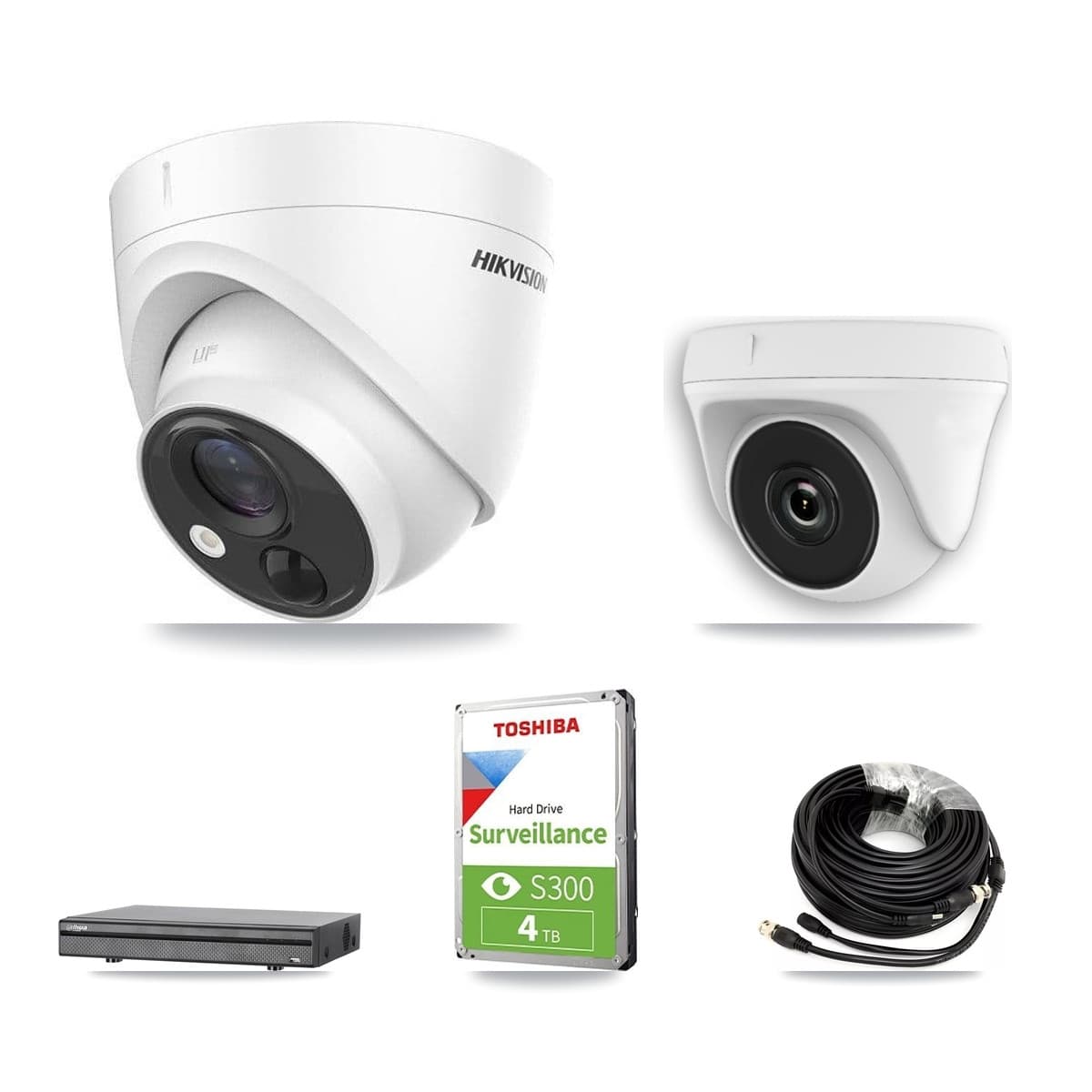 Hikvision & Dahua 8-Channel 2MP – 5MP CCTV Kit — 2 DS-2CE71H0T 5MP Turret + 1 White HDT-2MP-N20W 2MP Dome Cameras + 4TB Recording (DH-XVR5108H Recorder) - Image 1