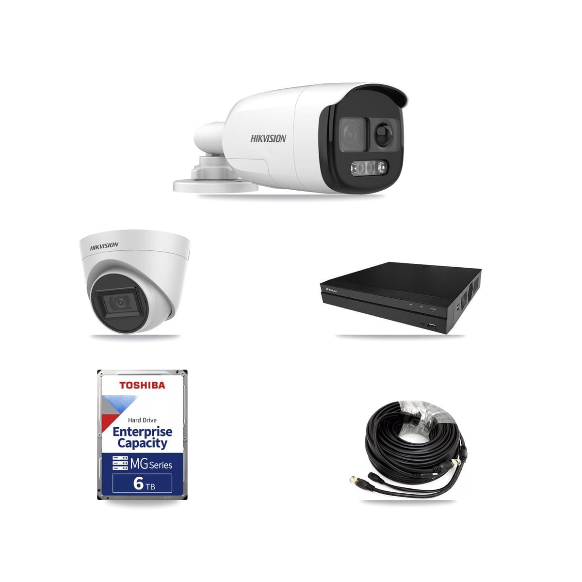 Hikvision & Prolux 8-Channel 5MP CCTV Kit — 2 Bullet + 2 White Turret Cameras + 2× 6TB Recording