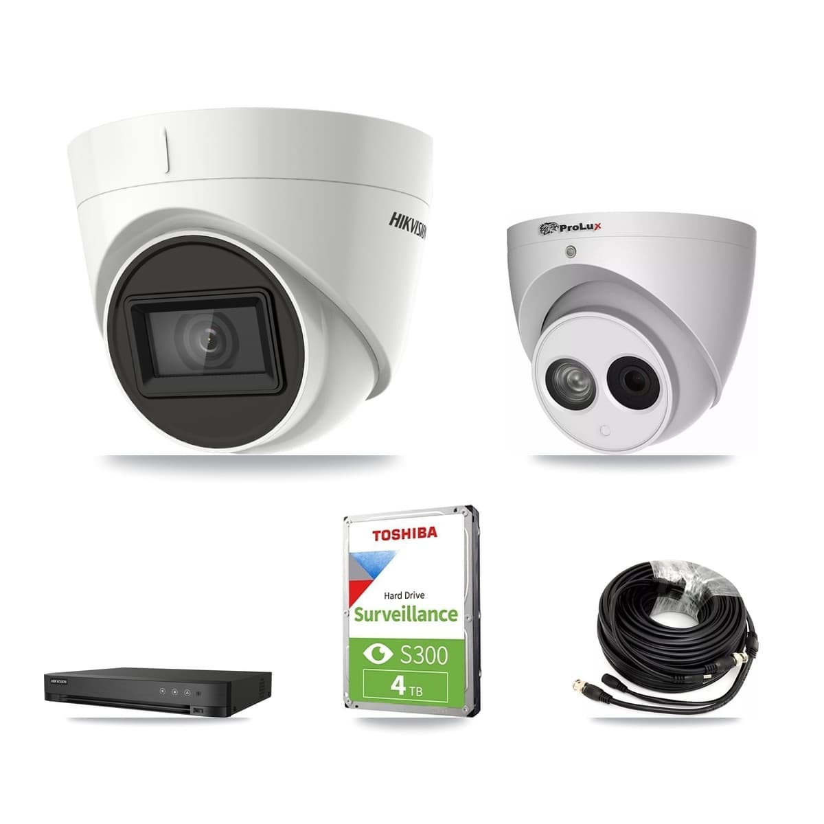 Hikvision & Prolux 4-Channel 4MP – 4K CCTV Kit — 1 DS-2CE78U1T 4K + 1 PXC-612C4W-A 4MP Turret Cameras + 4TB Recording (IDS-7204HUHI Recorder)