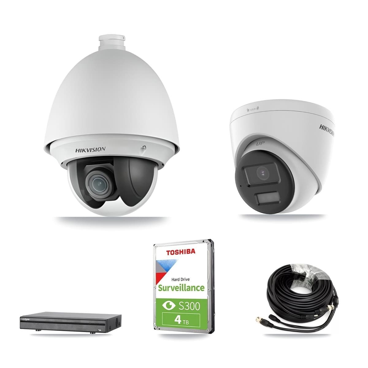 Hikvision & Dahua 8-Channel 2MP – 4K CCTV Kit — 1 DS-2AE4225T 2MP PTZ + 1 DS-2CE78U0T 4K Turret Cameras + 4TB Recording (DH-XVR5108H Recorder) - Image 1