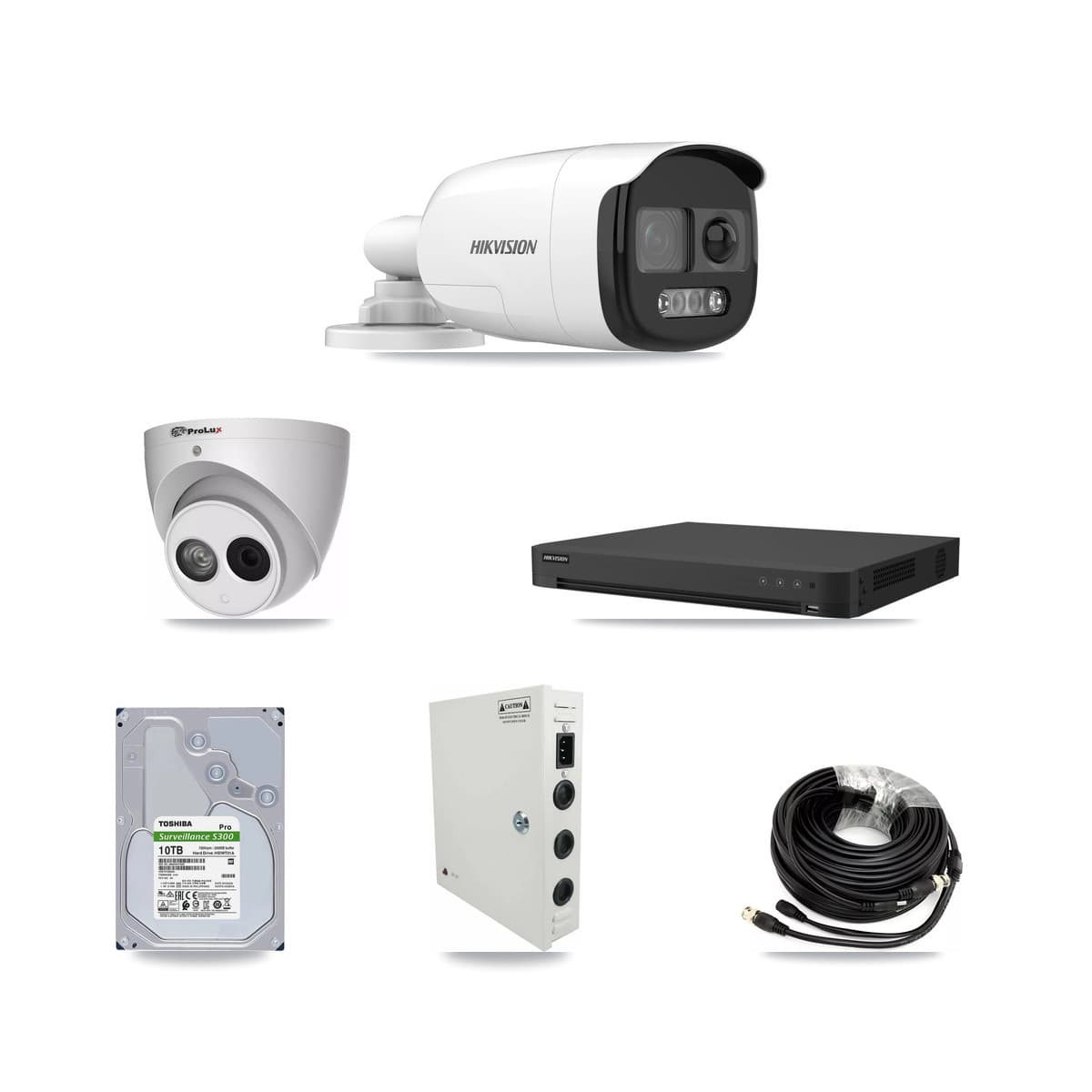Hikvision & Prolux 32-Channel 4MP – 5MP CCTV Kit — 15 DS-2CE12KF3T 5MP Bullet + 1 PXC-612C4W-A 4MP Turret Cameras + 2× 10TB Recording (IDS-7232HQHI Recorder) - Image 1