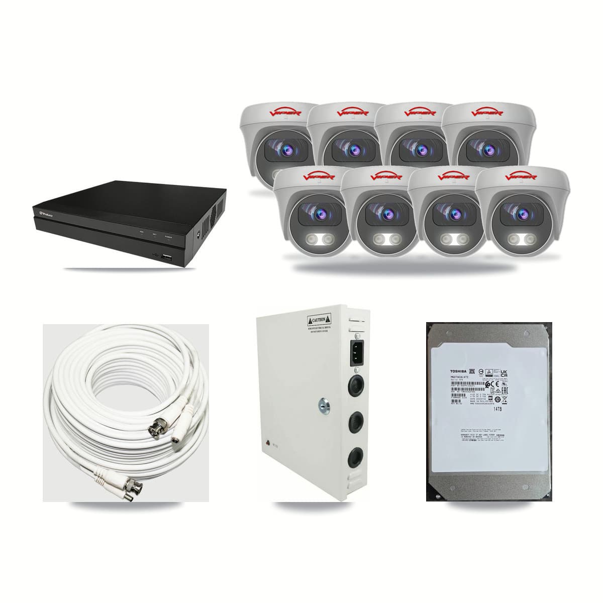 Viper & Prolux 8-Channel 5MP CCTV Kit — 8 White Cameras + 14TB Recording (PXD-5208AN Recorder) - Image 1