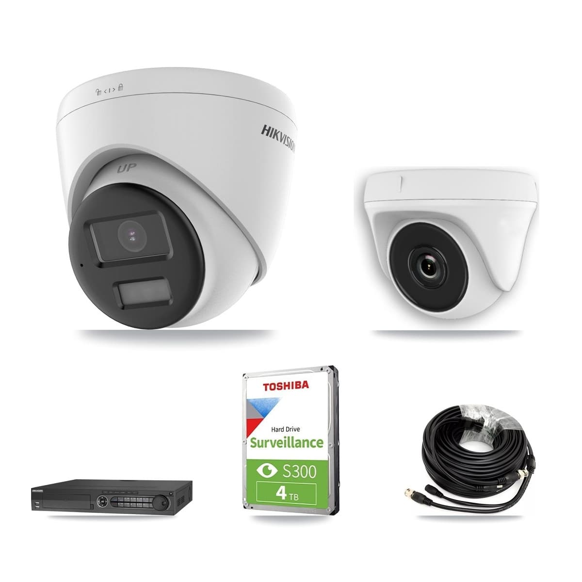 Hikvision 32-Channel 2MP – 5MP CCTV Kit — 2 DS-2CE78K0T-LPTS 5MP Turret + 2 White HDT-2MP-N20W-2.8MM 2MP Dome Cameras + 4TB Recording (DS-7332HQHI-K4 Recorder) - Image 1