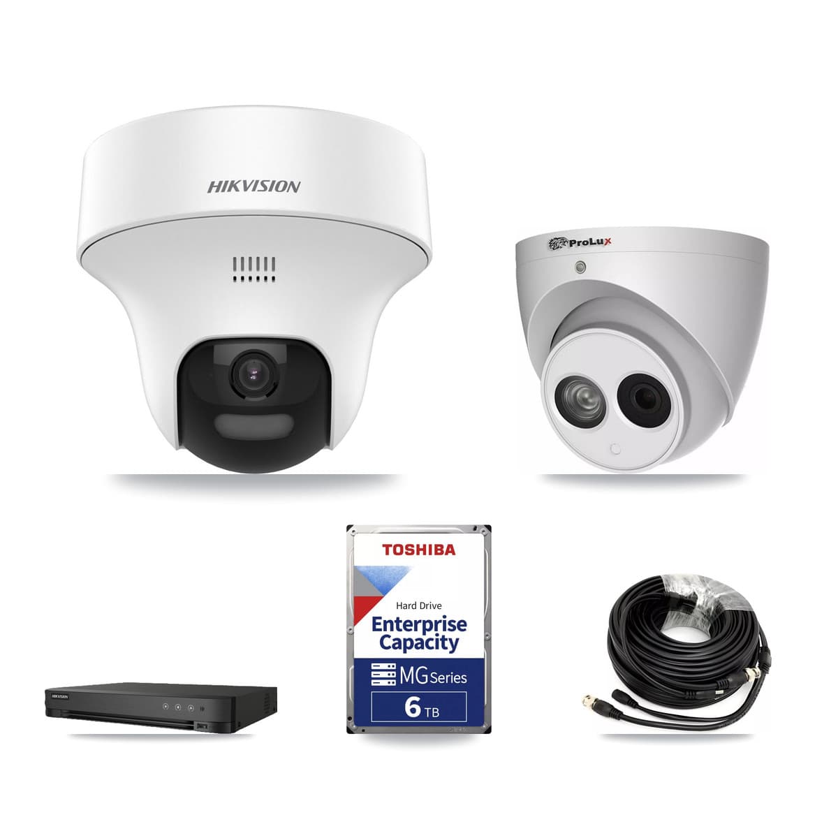 Hikvision & Prolux 8-Channel 4MP – 5MP CCTV Kit — 4 DS-2CE70K0T-PTLTS 5MP + 1 PXC-612C4W-A-POC 4MP Turret Cameras + 6TB Recording (IDS-7208HUHI-M1/E Recorder) - Image 1