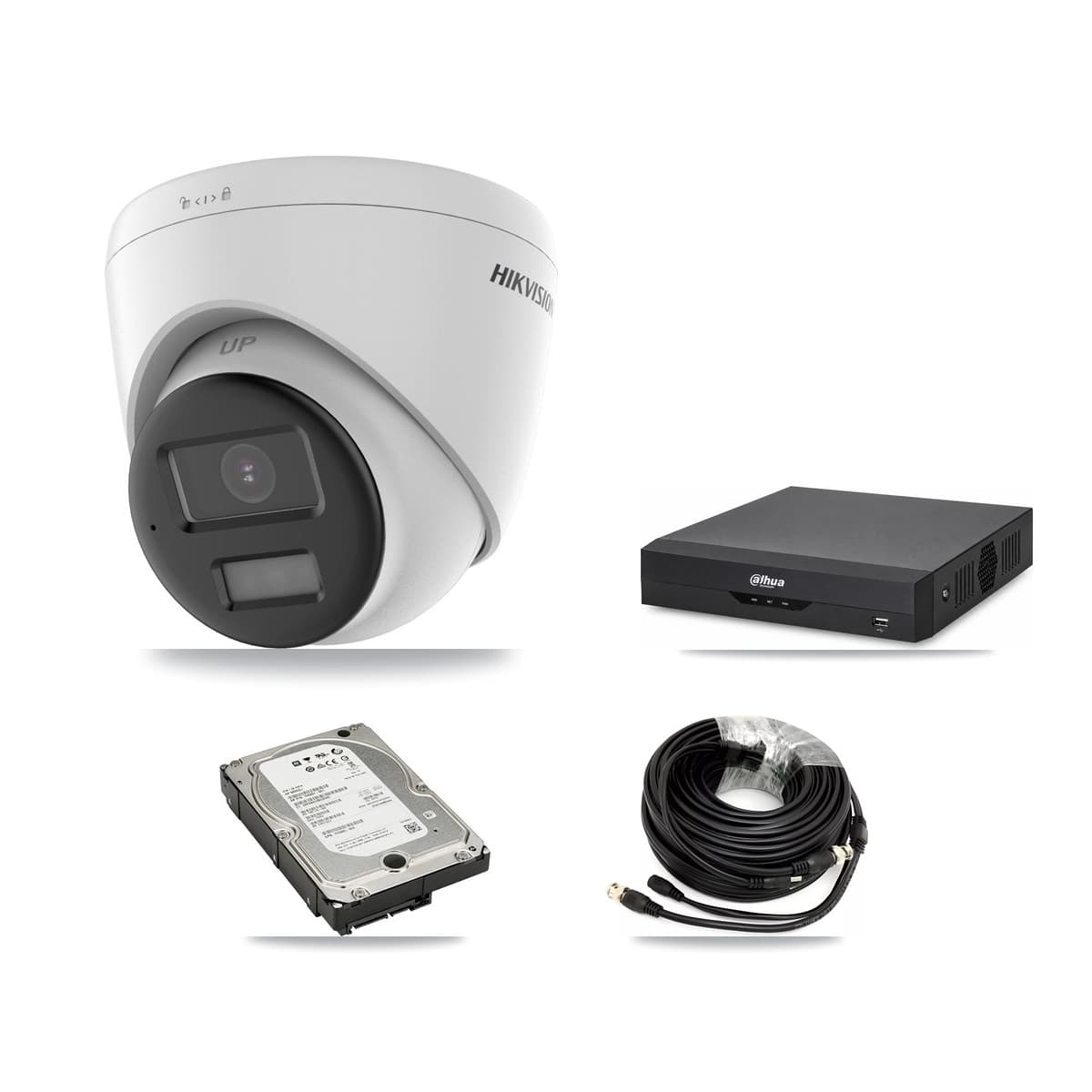 Hikvision & Dahua 4-Channel 5MP CCTV Kit — 3 DS-2CE78K0T-LPTS Turret Cameras + 5TB Recording (DH-XVR5104HS-4KL-I2 Recorder) - Image 1