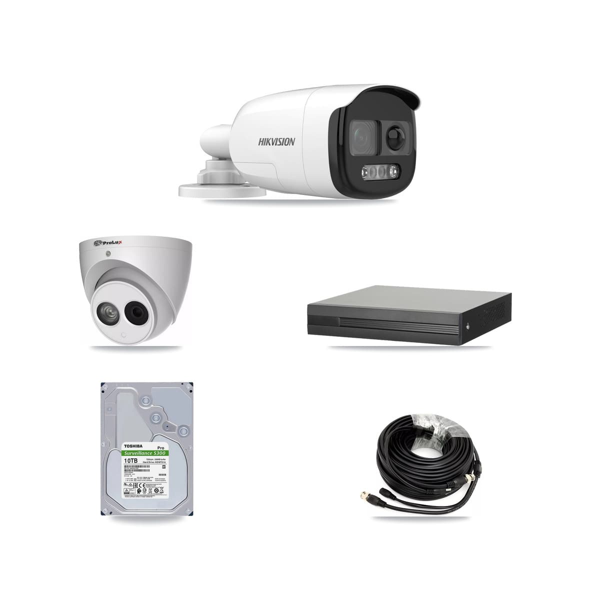 Hikvision & Prolux 8-Channel 4MP – 5MP CCTV Kit — 7 DS-2CE12KF3T 5MP Bullet + 1 PXC-612C4W-A 4MP Turret Cameras + 10TB Recording (XVR-3108HS Recorder)