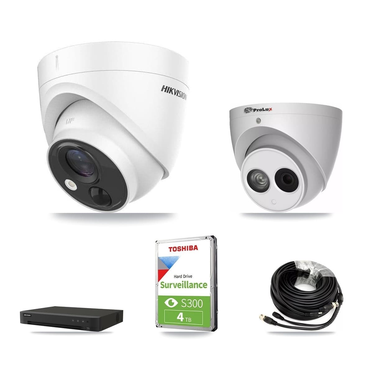 Hikvision & Prolux 8-Channel 4MP – 5MP CCTV Kit — 2 DS-2CE71H0T-PIRLO 5MP + 1 PXC-612C4W-A-POC 4MP Turret Cameras + 4TB Recording (IDS-7208HUHI-M1/XT Recorder) - Image 1