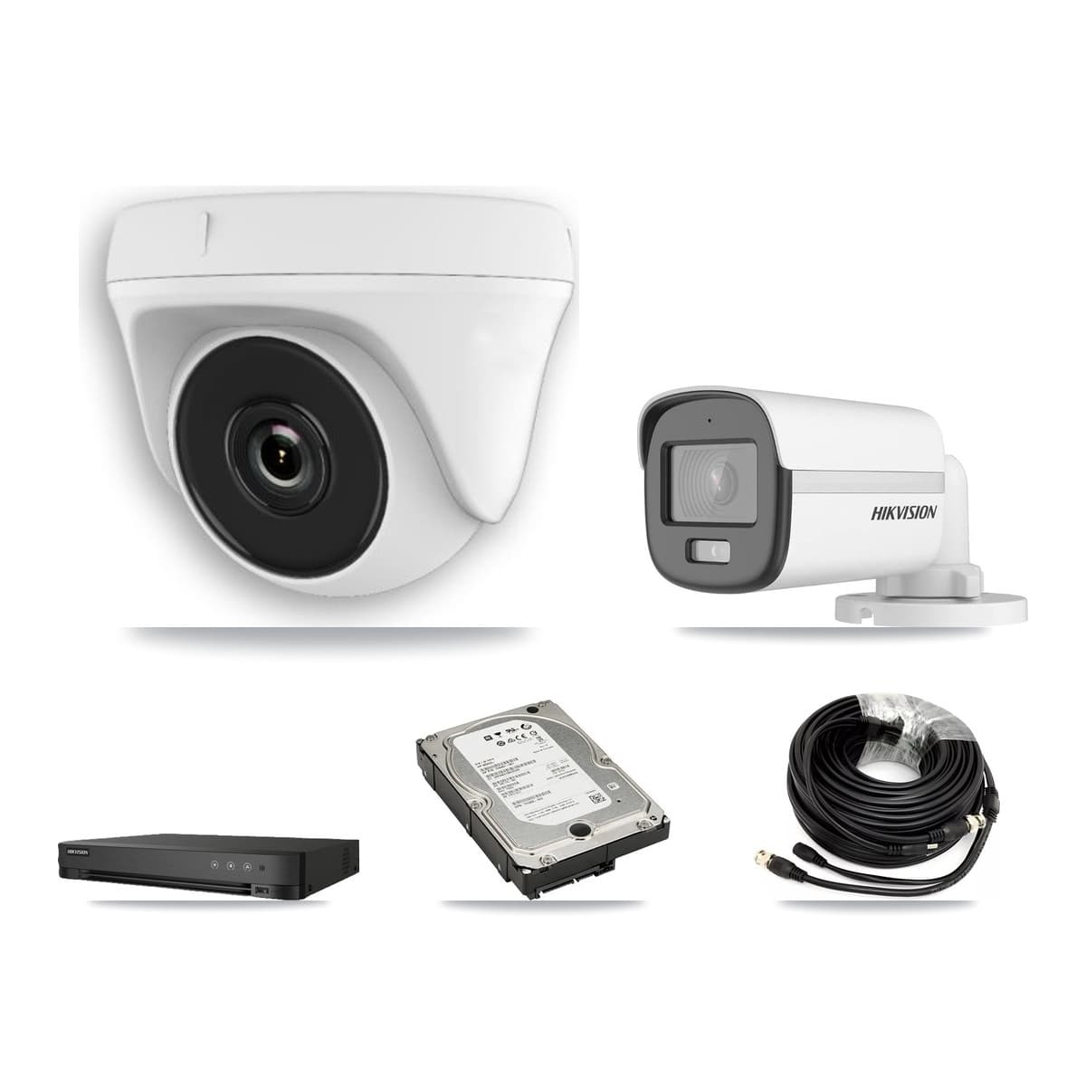 Hikvision 8-Channel 2MP – 5MP CCTV Kit — 1 5MP Bullet + 6 White 2MP Dome Cameras + 5TB Recording (IDS-7208HQHI Recorder) - Image 1
