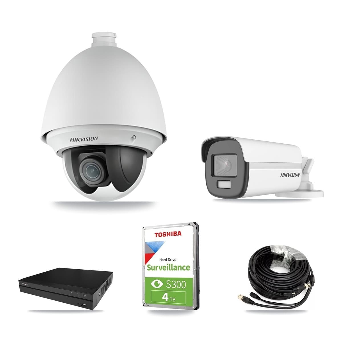 Hikvision & Prolux 8-Channel 2MP – 4K CCTV Kit — 1 DS-2AE4225T 2MP PTZ + 1 DS-2CE12UF3T 4K Bullet Cameras + 4TB Recording (PXD-5208AN Recorder) - Image 1