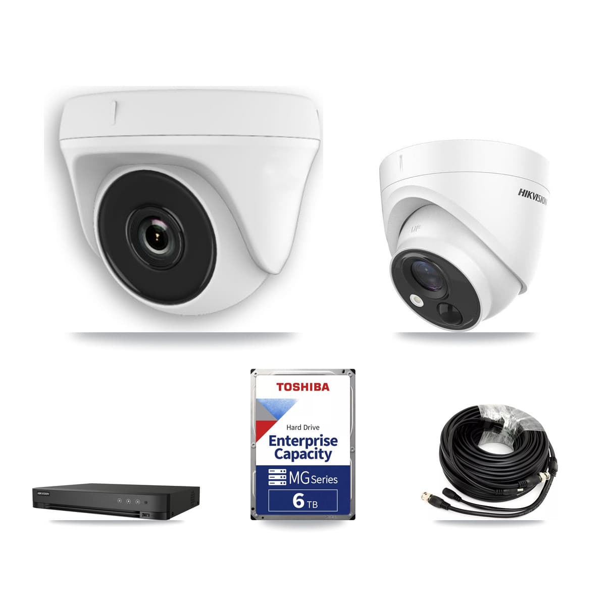 Hikvision 4-Channel 2MP – 5MP CCTV Kit — 1 DS-2CE71H0T 5MP Turret + 2 White HDT-2MP-N20W 2MP Dome Cameras + 6TB Recording (IDS-7204HQHI Recorder) - Image 1