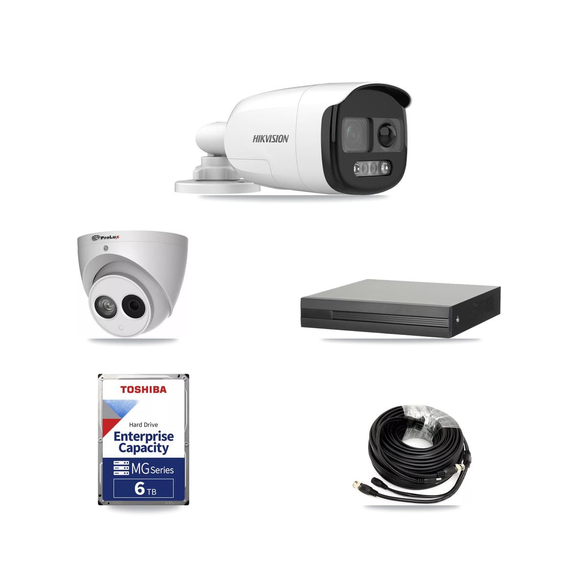 Hikvision & Prolux 8-Channel 4MP – 5MP CCTV Kit — 4 DS-2CE12KF3T 5MP Bullet + 1 PXC-612C4W-A 4MP Turret Cameras + 6TB Recording (XVR-3108HS Recorder)
