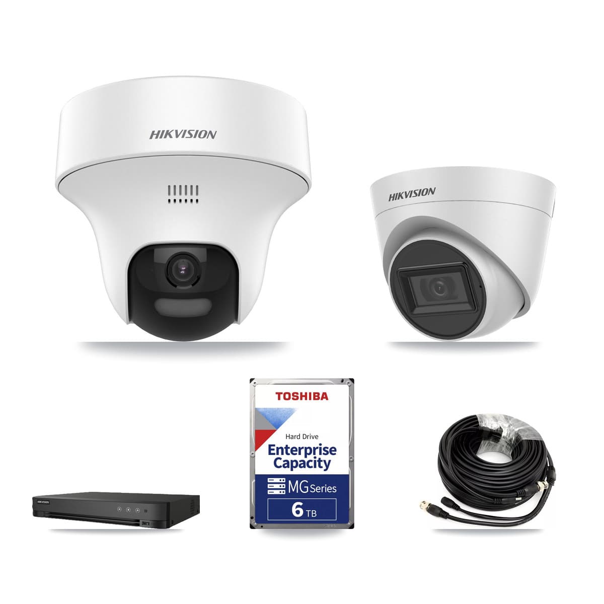 Hikvision 8-Channel 5MP CCTV Kit — 1 DS-2CE70K0T + 1 White DS-2CE78H0T Turret Cameras + 6TB Recording (IDS-7208HQHI Recorder) - Image 1