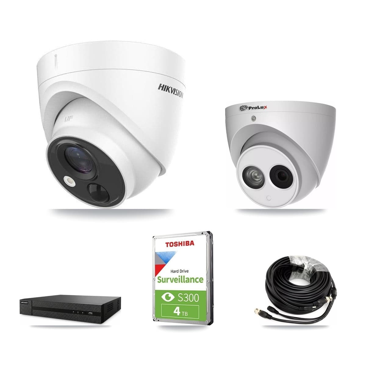 Hikvision & Prolux 8-Channel 4MP – 5MP CCTV Kit — 1 DS-2CE71H0T 5MP + 1 PXC-612C4W-A 4MP Turret Cameras + 4TB Recording (DVR-8CH Recorder) - Image 1