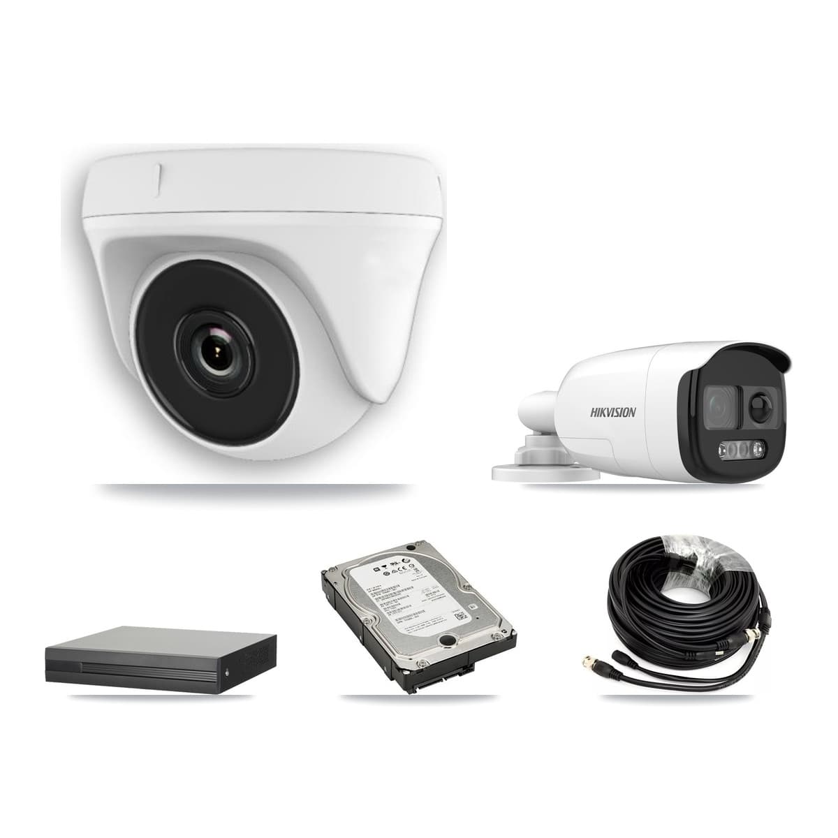 Hikvision 8-Channel 2MP – 5MP CCTV Kit — 1 DS-2CE12KF3T 5MP Bullet + 5 White HDT-2MP-N20W 2MP Dome Cameras + 5TB Recording (XVR-3108HS Recorder)