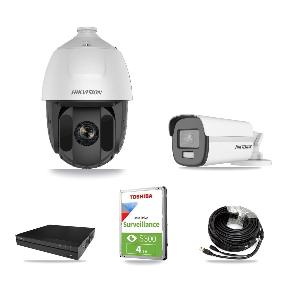 Hikvision & Prolux 8-Channel 2MP – 4K CCTV Kit — 1 DS-2AE5225TI 2MP PTZ + 1 DS-2CE12UF3T 4K Bullet Cameras + 4TB Recording (PXD-5208AN Recorder) - Image 1