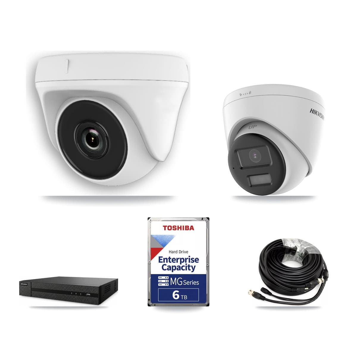 Hikvision 8-Channel 2MP – 4K CCTV Kit — 1 DS-2CE78U0T 4K Turret + 5 White HDT-2MP-N20W 2MP Dome Cameras + 6TB Recording