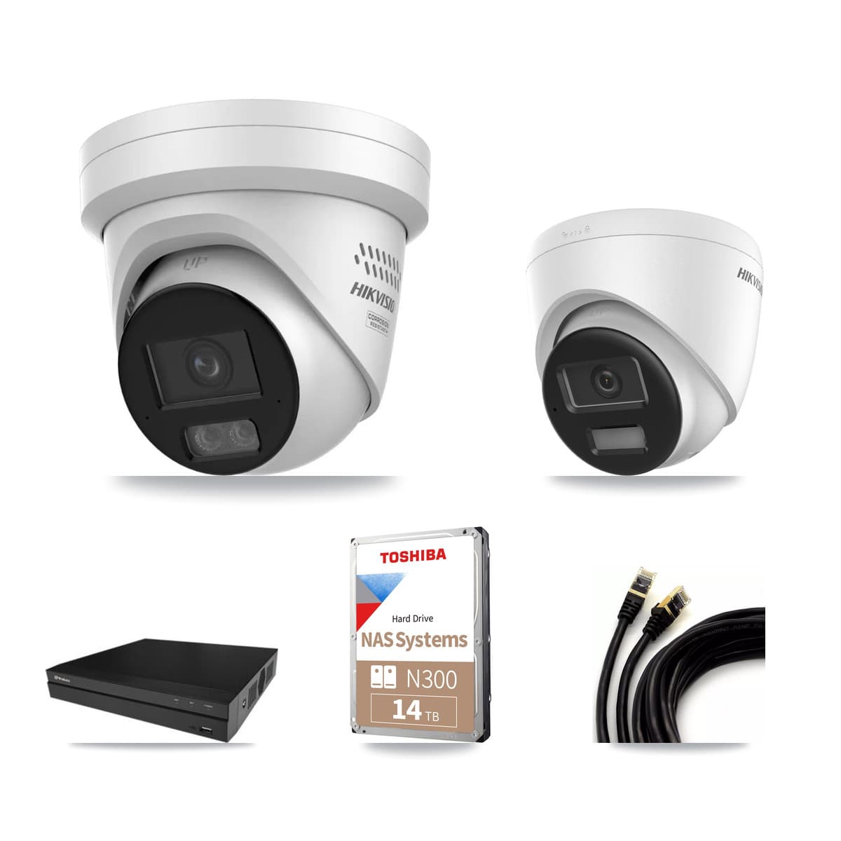 Hikvision & Prolux 16-Channel 4MP – 4K CCTV Kit — 1 DS-2CD1383G2-LIUF/SL 4K + 8 DS-2CD2347G3-LIS2UY/SL 4MP Turret Cameras + 14TB Recording (PXN-5216-16P-4KS2E Recorder)