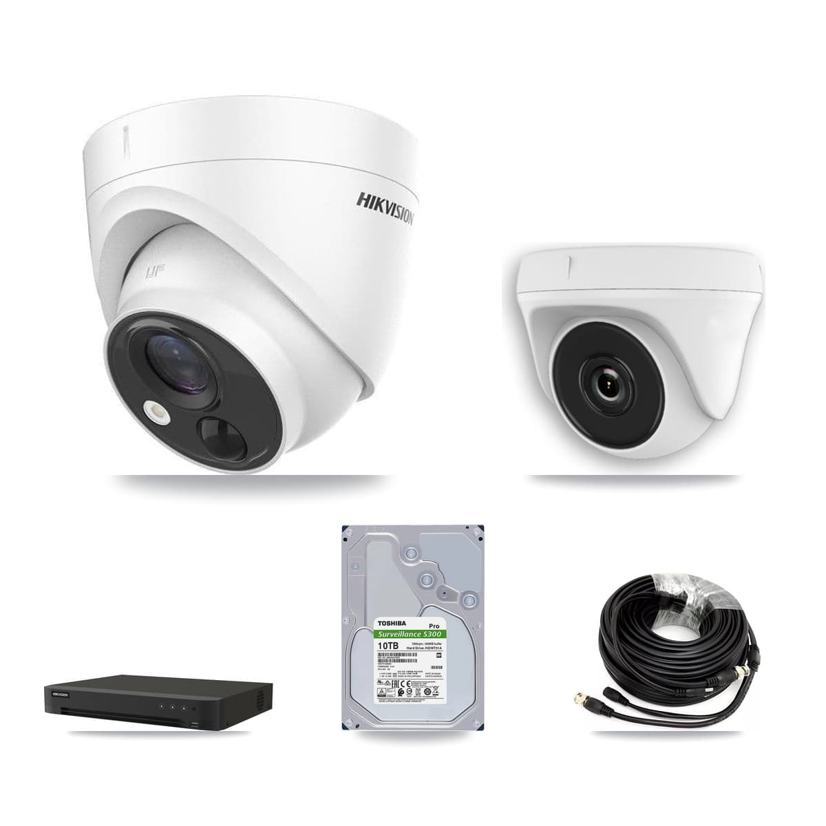Hikvision 16-Channel 2MP – 5MP CCTV Kit — 7 DS-2CE71H0T 5MP Turret + 1 White HDT-2MP-N20W 2MP Dome Cameras + 10TB Recording (IDS-7216HQHI Recorder) - Image 1