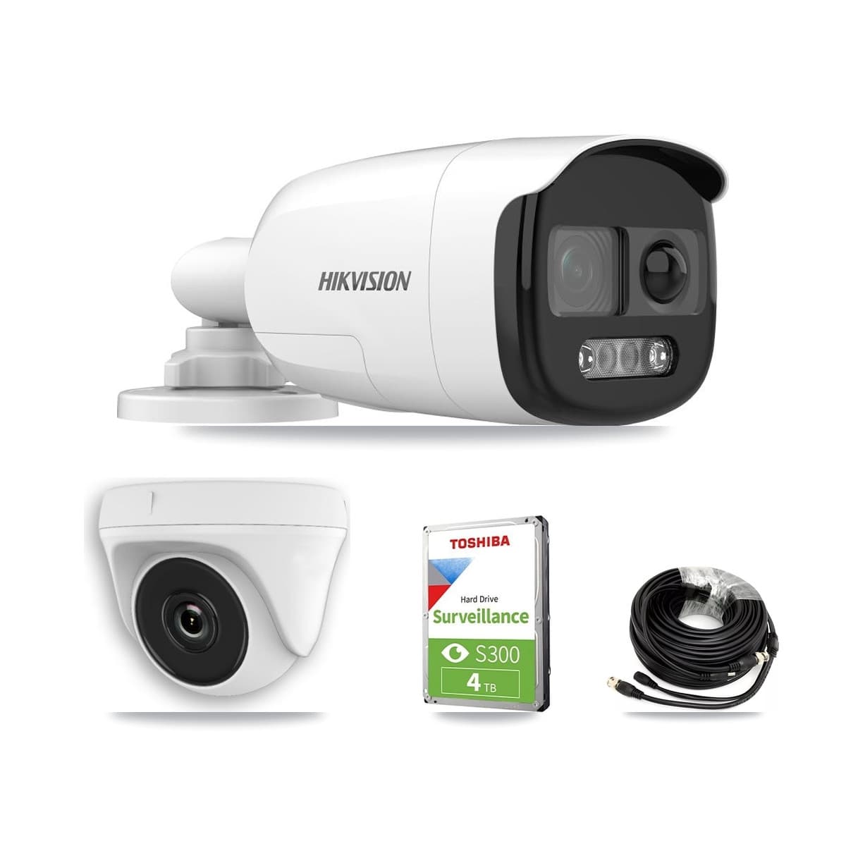 Hikvision 8-Channel 2MP – 5MP CCTV Kit — 2 DS-2CE12KF3T 5MP Bullet + 2 White HDT-2MP-N20W 2MP Dome Cameras + 4TB Recording (IDS-7208HQHI Recorder) - Image 1