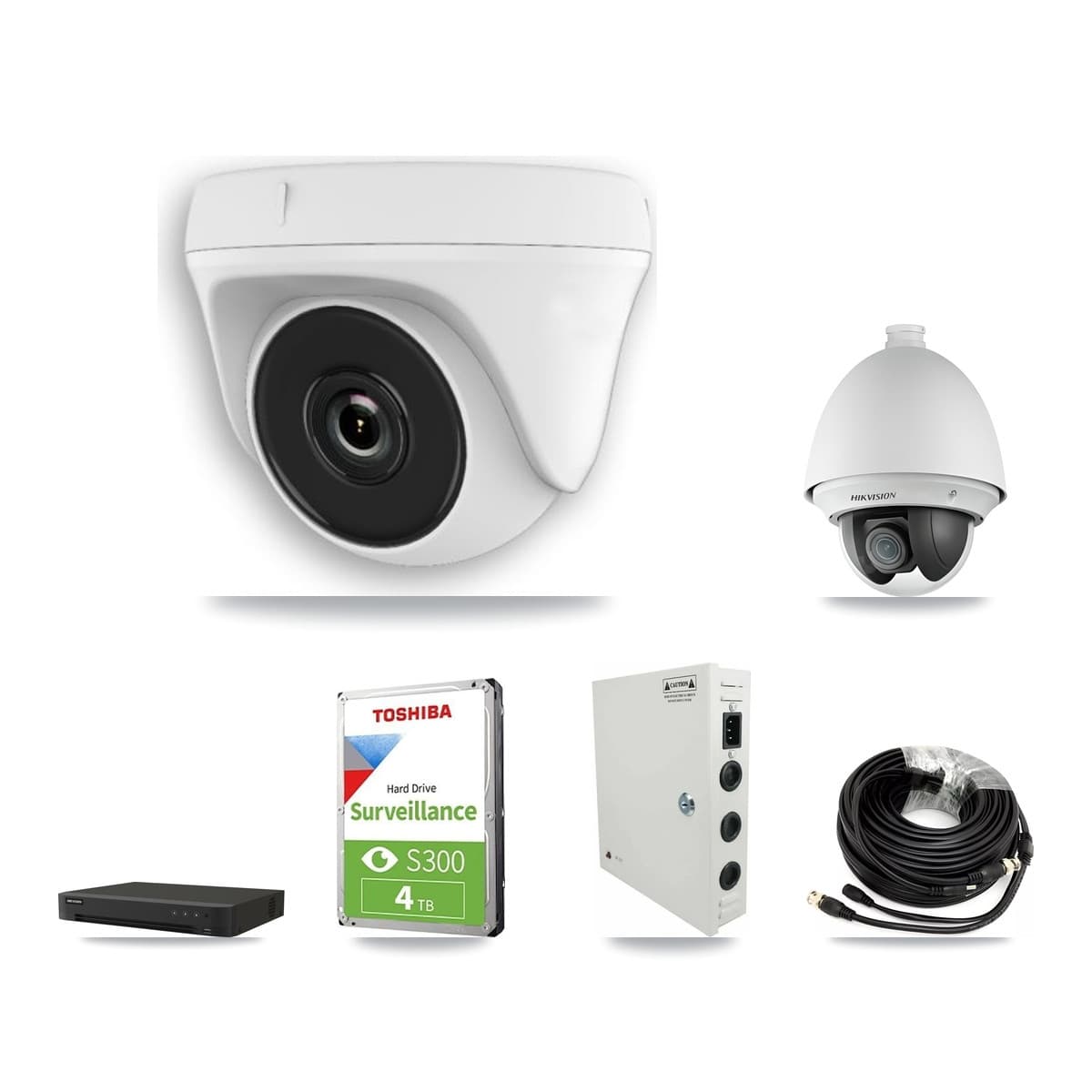 Hikvision 8-Channel 2MP CCTV Kit — 1 DS-2AE4225T-A PTZ + 4 White HDT-2MP-N20W-2.8MM Dome Cameras + 4TB Recording (IDS-7208HUHI-M1/XT Recorder) - Image 1
