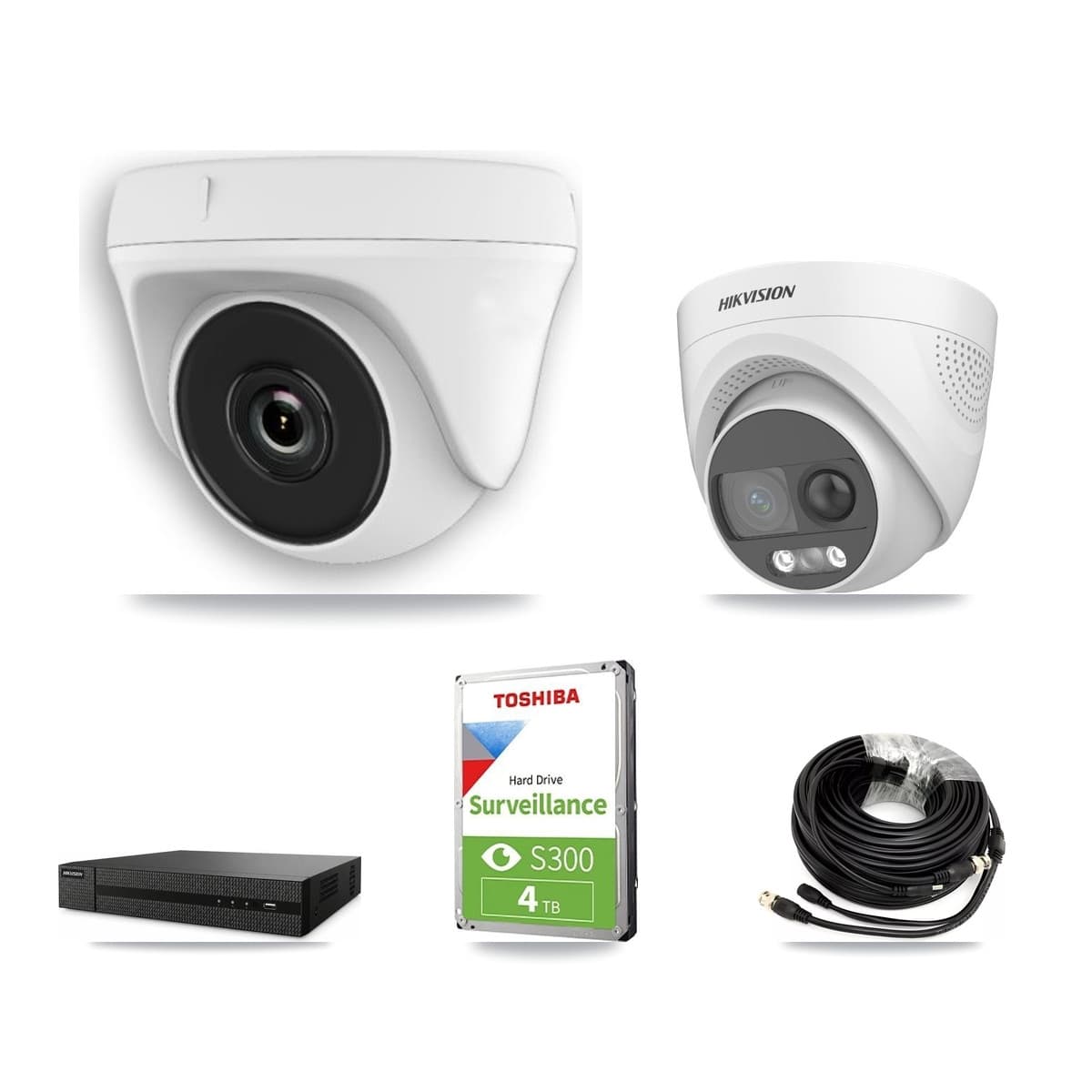 Hikvision 8-Channel 2MP – 5MP CCTV Kit — 1 DS-2CE72KF3T 5MP Turret + 3 White HDT-2MP-N20W 2MP Dome Cameras + 4TB Recording (DVR-8CH Recorder) - Image 1