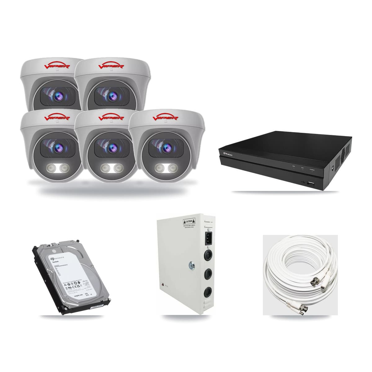 Viper & Prolux 8-Channel 5MP CCTV Kit — 5 White Cameras + 6TB Recording (PXD-5208AN Recorder) - Image 1