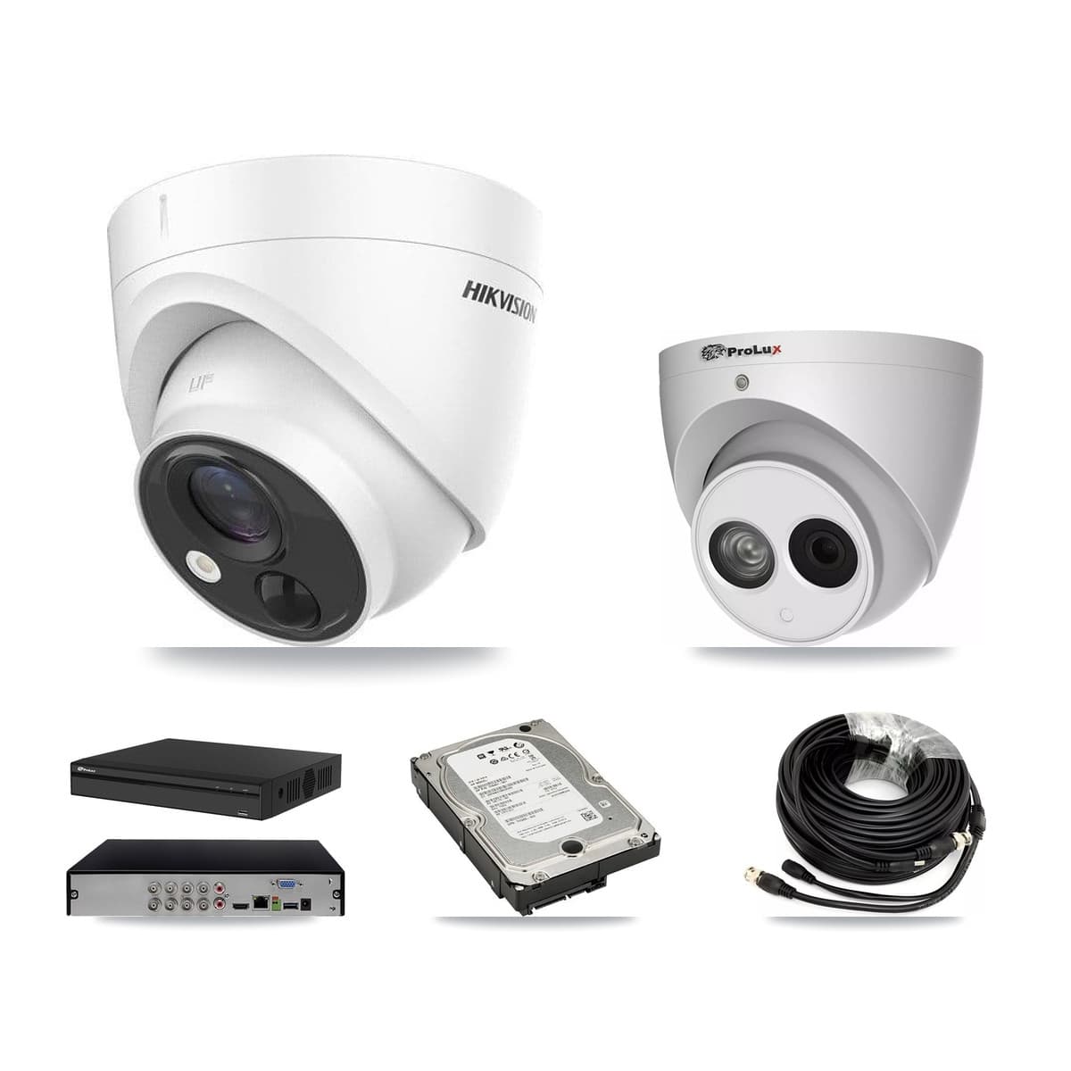 Hikvision & Prolux 8-Channel 4MP – 5MP CCTV Kit — 3 DS-2CE71H0T 5MP + 1 PXC-612C4W-A 4MP Turret Cameras + 5TB Recording (PXD-5108HS Recorder) - Image 1