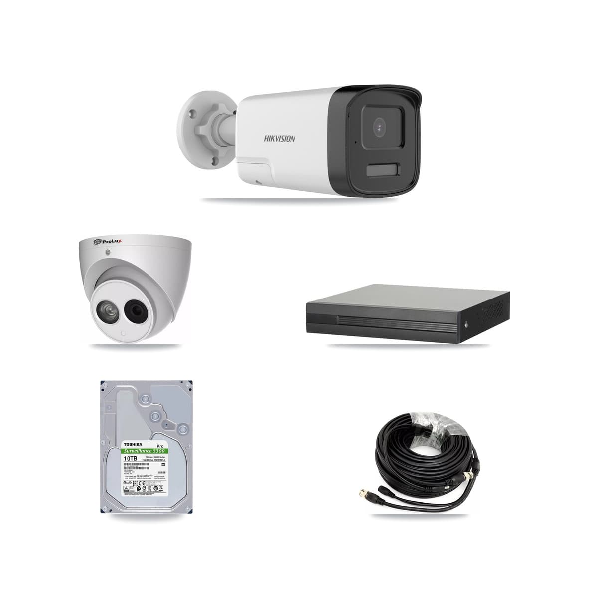 Hikvision & Prolux 8-Channel 4MP – 5MP CCTV Kit — 7 DS-2CE17K0T 5MP Bullet + 1 PXC-612C4W-A 4MP Turret Cameras + 10TB Recording (XVR-3108HS Recorder)