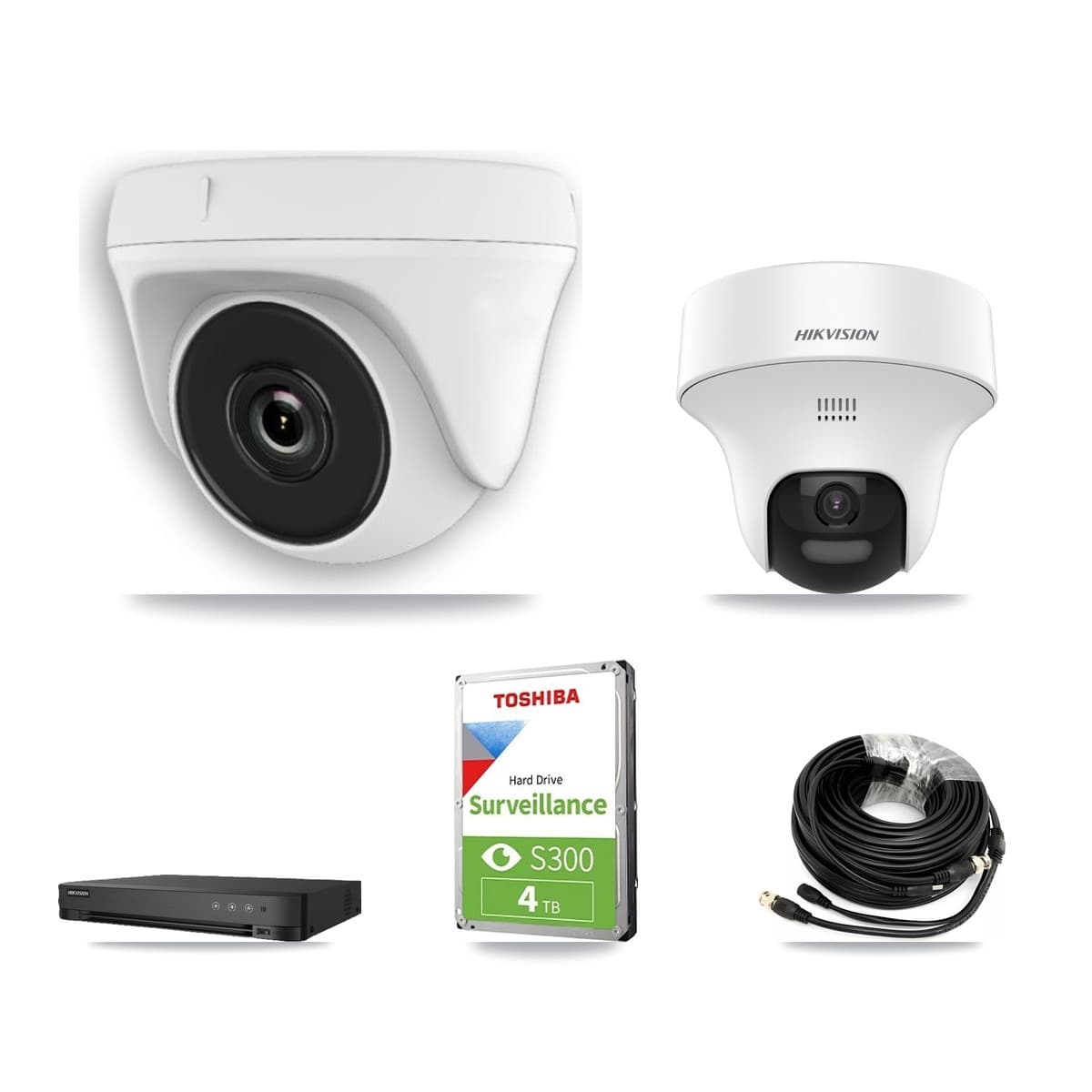 Hikvision 8-Channel 2MP – 5MP CCTV Kit — 1 DS-2CE70K0T 5MP Turret + 4 White HDT-2MP-N20W 2MP Dome Cameras + 4TB Recording (IDS-7208HQHI Recorder) - Image 1