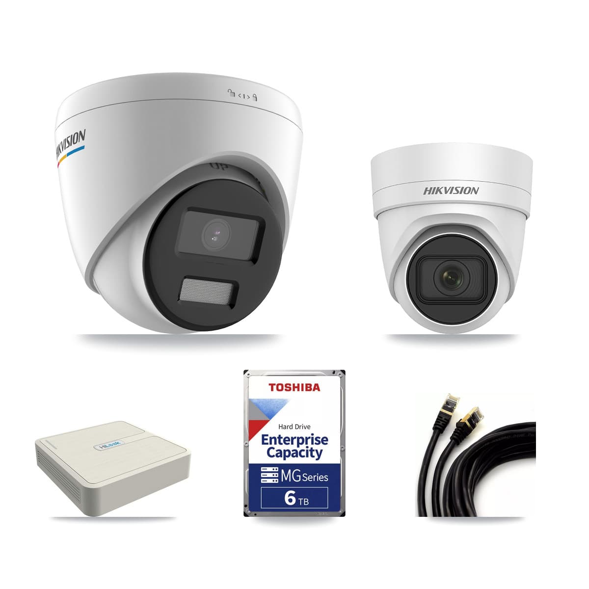 Hikvision & HiLook 8-Channel 2MP – 4MP CCTV Kit — 3 DS-2CD1327G2 2MP + 3 DS-2CD2H45FWD 4MP Turret Cameras + 6TB Recording