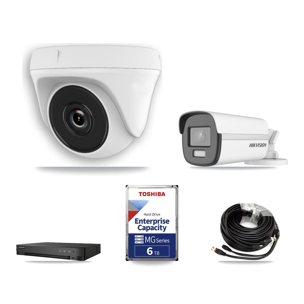 Hikvision 8-Channel 2MP – 4K CCTV Kit — 1 DS-2CE12UF3T-E 4K Bullet + 6 White HDT-2MP-N20W-2.8MM 2MP Dome Cameras + 6TB Recording (IDS-7208HUHI-M1/E Recorder) - Image 1
