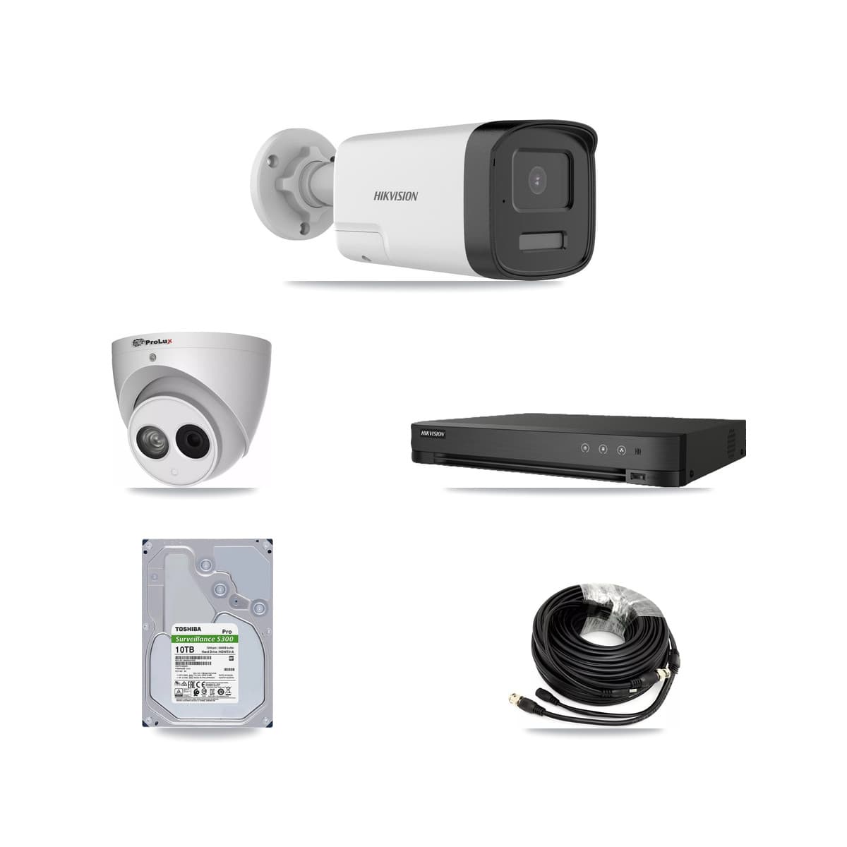 Hikvision & Prolux 8-Channel 4MP – 5MP CCTV Kit — 7 DS-2CE17K0T-LXTS 5MP Bullet + 1 PXC-612C4W-A-POC 4MP Turret Cameras + 10TB Recording (IDS-7208HUHI-M1/E Recorder) - Image 1