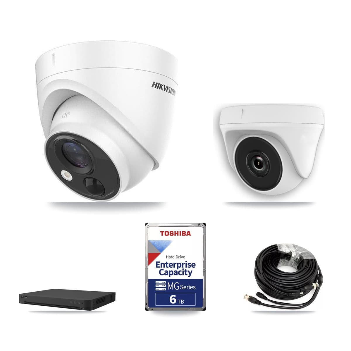 Hikvision 16-Channel 2MP – 5MP CCTV Kit — 4 DS-2CE71H0T 5MP Turret + 1 White HDT-2MP-N20W 2MP Dome Cameras + 6TB Recording (IDS-7216HUHI Recorder) - Image 1