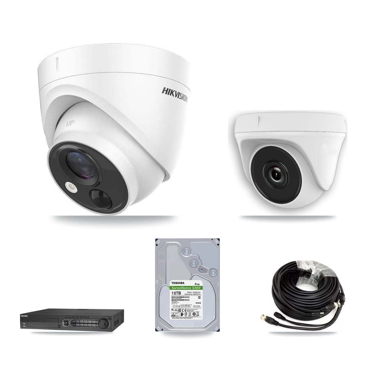 Hikvision 32-Channel 2MP – 5MP CCTV Kit — 7 DS-2CE71H0T 5MP Turret + 1 White HDT-2MP-N20W 2MP Dome Cameras + 10TB Recording (DS-7332HQHI Recorder) - Image 1