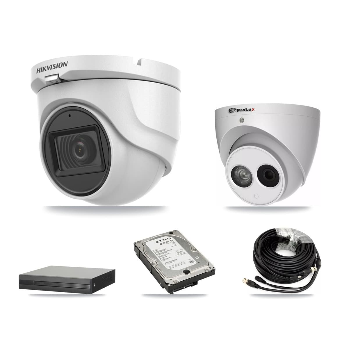 Hikvision & Prolux 4-Channel 4MP – 5MP CCTV Kit — 2 DS-2CE76H0T 5MP + 2 PXC-612C4W-A 4MP Turret Cameras + 5TB Recording