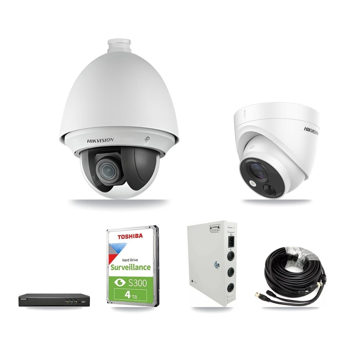 Hikvision & ANNKE 4-Channel 2MP – 5MP CCTV Kit — 2 DS-2AE4225T 2MP PTZ + 2 DS-2CE71H0T 5MP Turret Cameras + 4TB Recording - Image 1