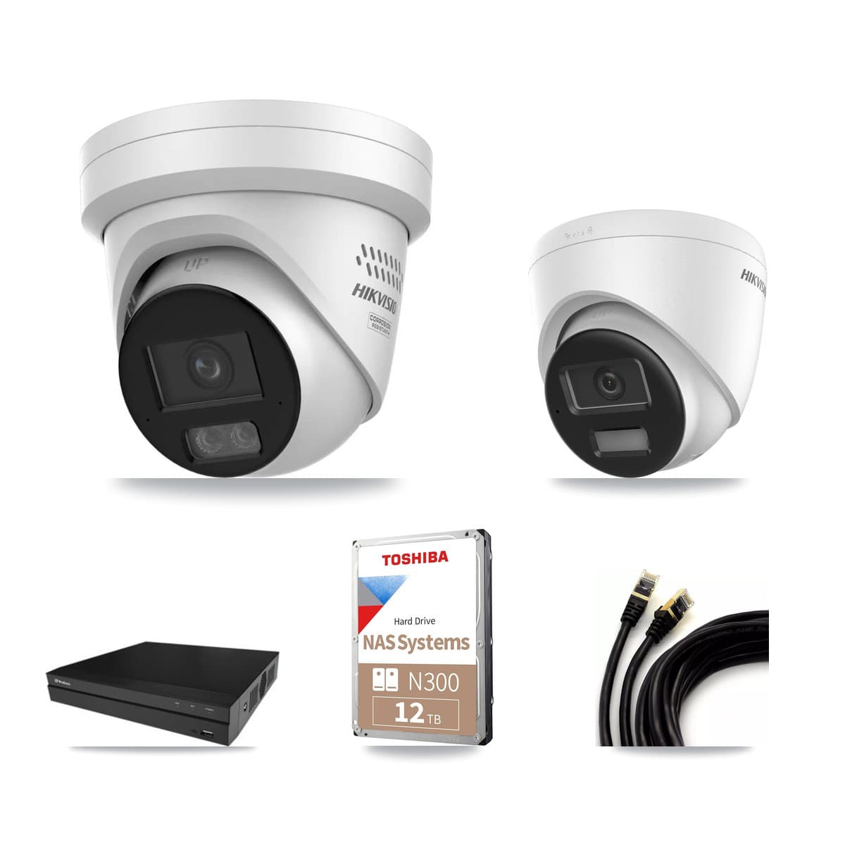 Hikvision & Prolux 16-Channel 4MP – 4K CCTV Kit — 1 DS-2CD1383G2-LIUF/SL 4K + 7 DS-2CD2347G3-LIS2UY/SL 4MP Turret Cameras + 12TB Recording (PXN-5216-16P-4KS2E Recorder) - Image 1