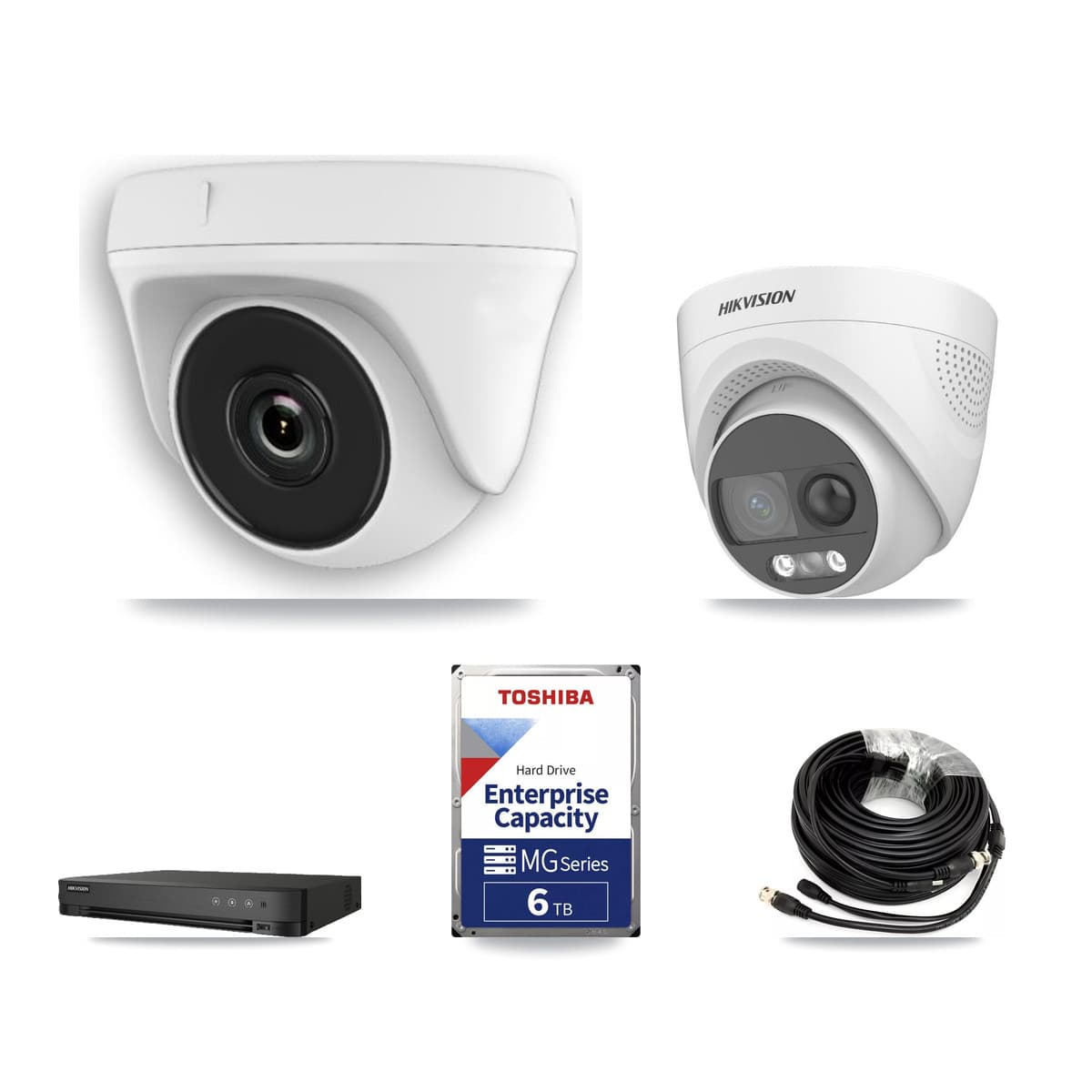 Hikvision 8-Channel 2MP – 5MP CCTV Kit — 2 DS-2CE72KF3T-PIRXO 5MP Turret + 6 White HDT-2MP-N20W-2.8MM 2MP Dome Cameras + 6TB Recording (IDS-7208HUHI-M1/E Recorder) - Image 1