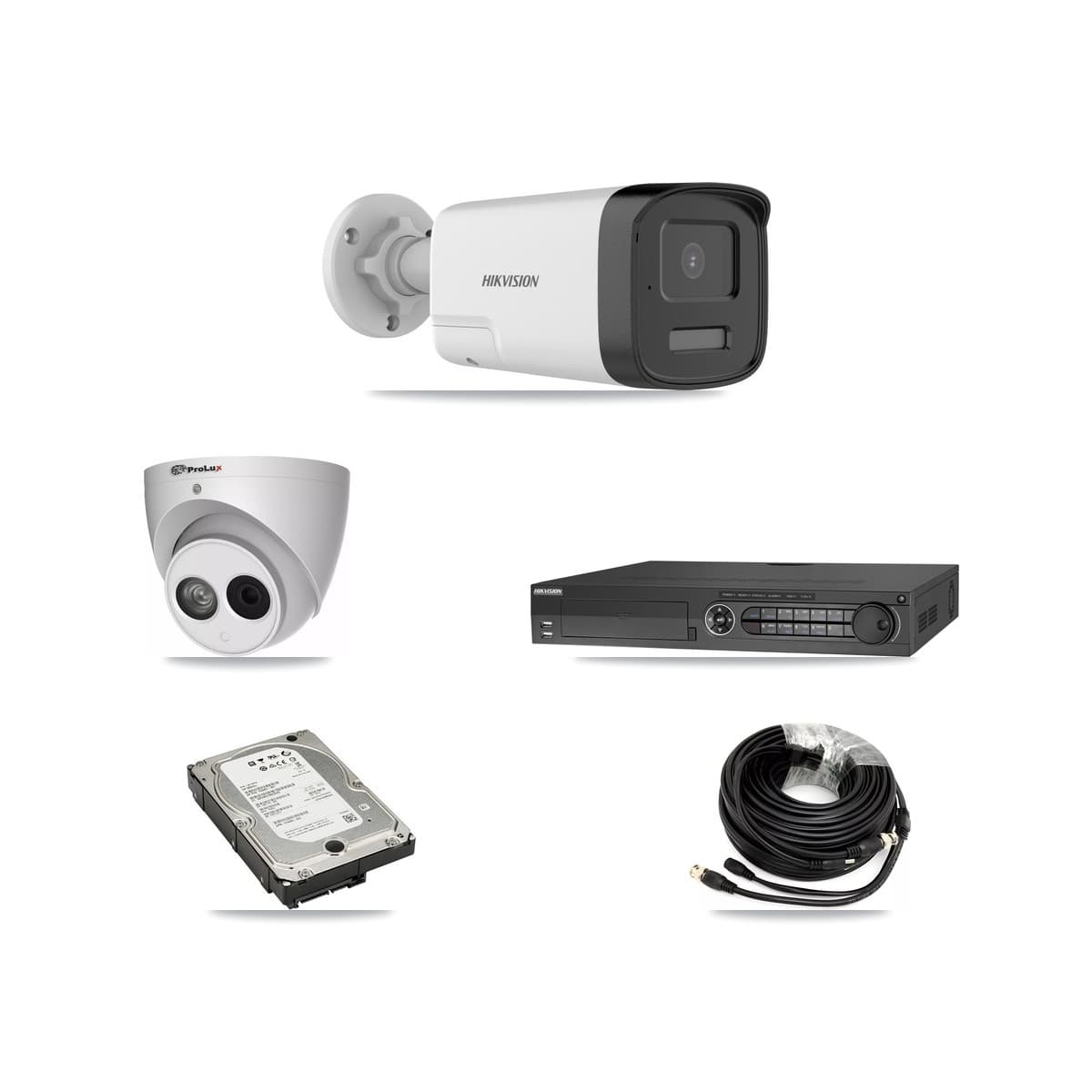 Hikvision & Prolux 32-Channel 4MP – 5MP CCTV Kit — 3 DS-2CE17K0T 5MP Bullet + 1 PXC-612C4W-A 4MP Turret Cameras + 5TB Recording (IDS-7332HUHI Recorder) - Image 1