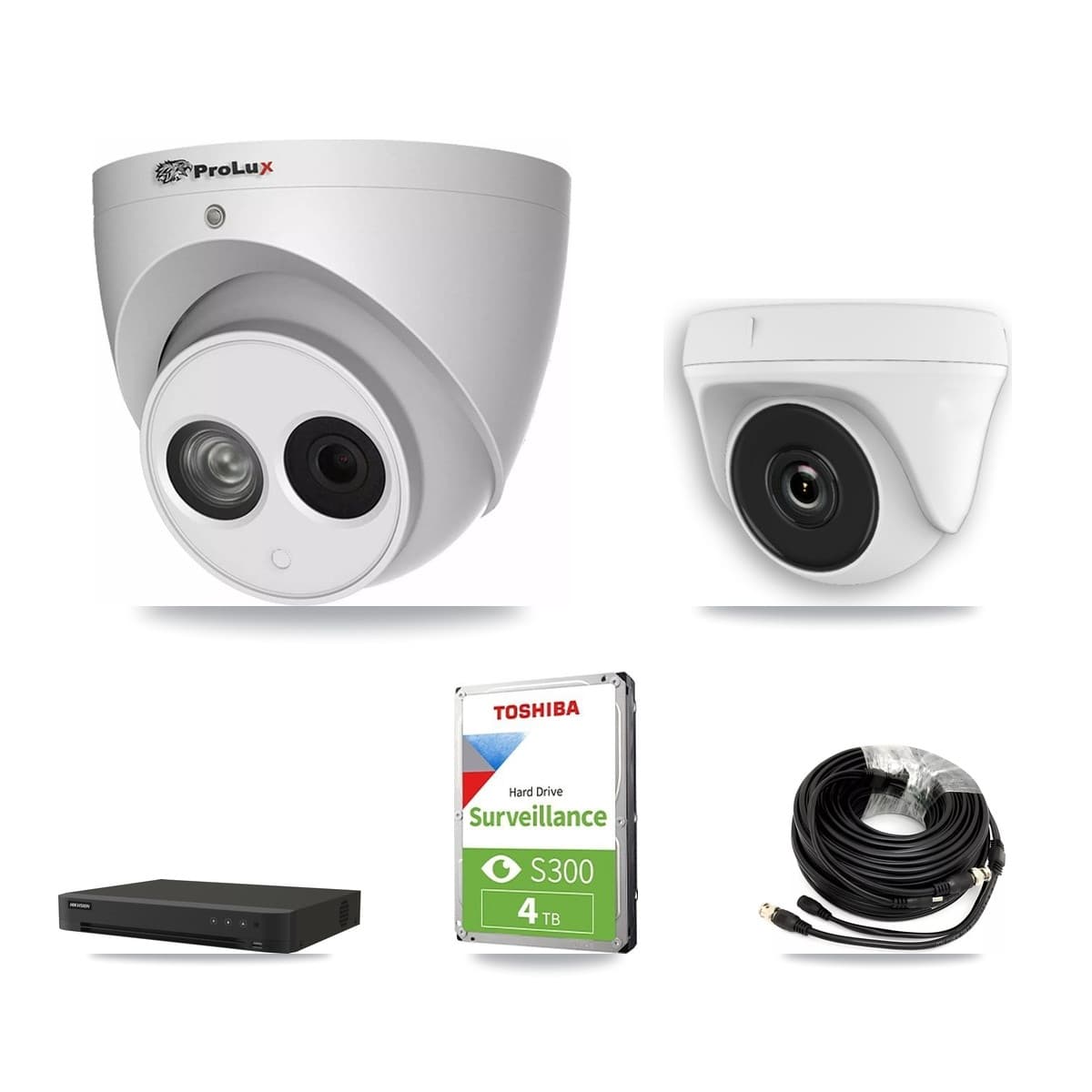 Prolux & Hikvision 8-Channel 2MP – 4MP CCTV Kit — 1 White HDT-2MP-N20W-2.8MM 2MP Dome + 2 PXC-612C4W-A-POC 4MP Turret Cameras + 4TB Recording (IDS-7208HUHI-M1/XT Recorder) - Image 1