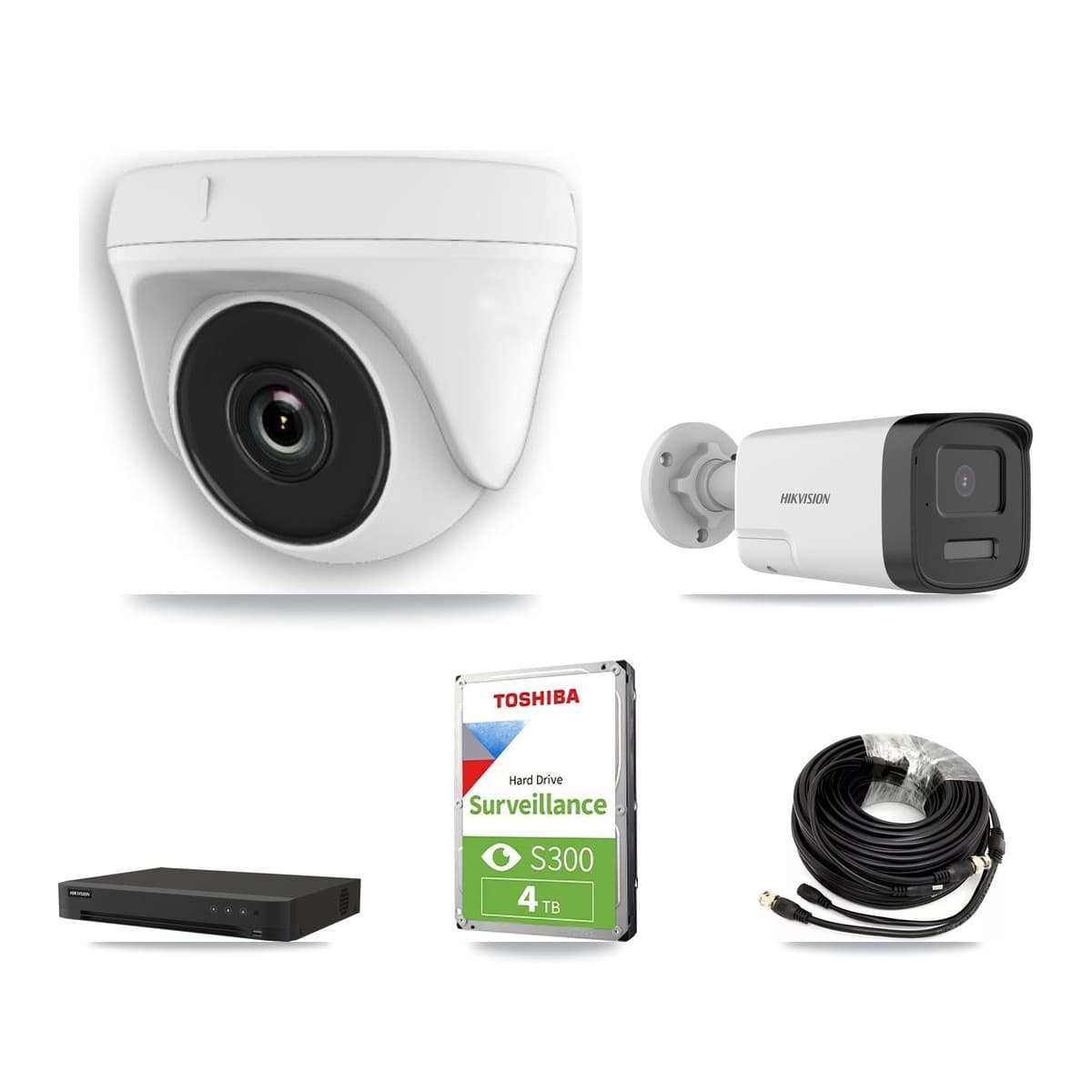 Hikvision 8-Channel 2MP – 5MP CCTV Kit — 1 DS-2CE17K0T-LXTS 5MP Bullet + 3 White HDT-2MP-N20W-2.8MM 2MP Dome Cameras + 4TB Recording (IDS-7208HUHI-M1/XT Recorder) - Image 1