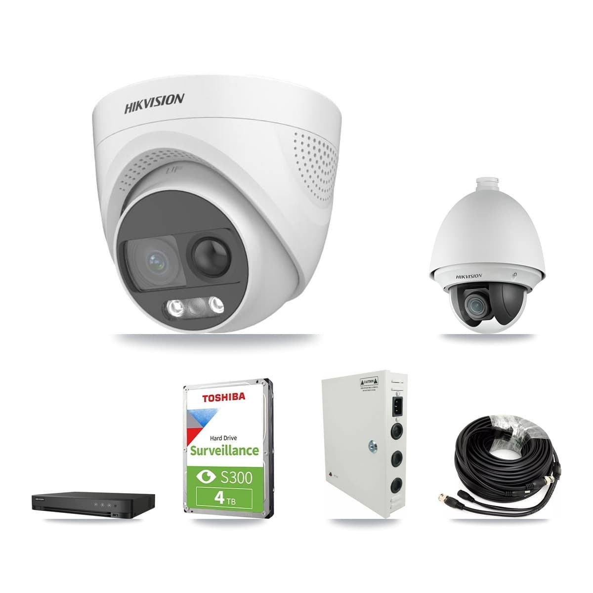 Hikvision 4-Channel 2MP – 5MP CCTV Kit — 1 DS-2AE4225T 2MP PTZ + 2 DS-2CE72KF3T 5MP Turret Cameras + 4TB Recording (IDS-7204HQHI Recorder)