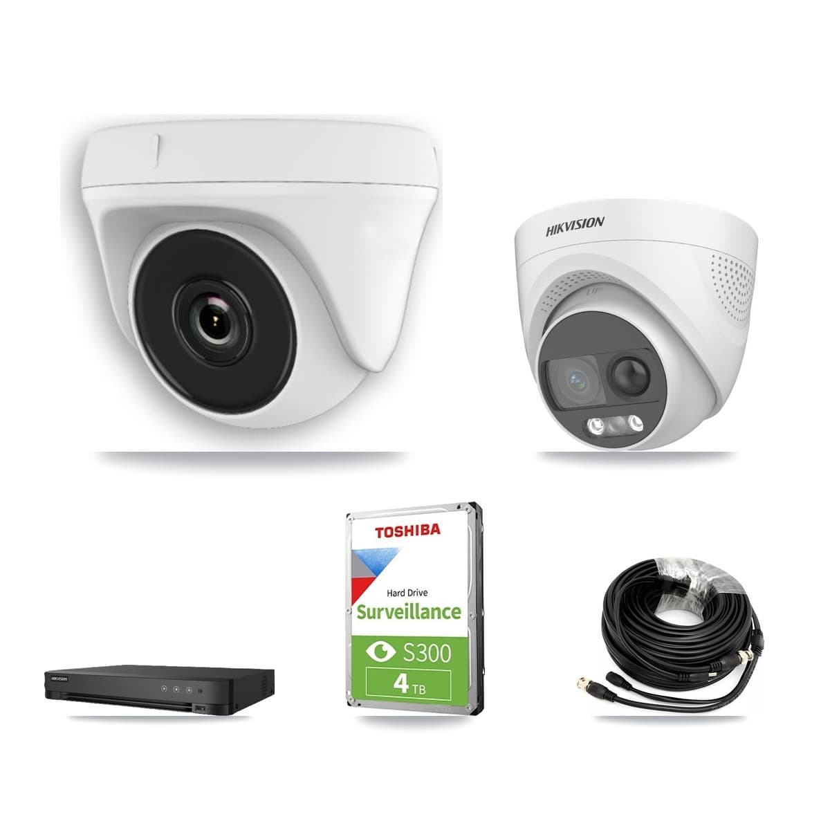 Hikvision 8-Channel 2MP – 5MP CCTV Kit — 1 DS-2CE72KF3T-PIRXO 5MP Turret + 3 White HDT-2MP-N20W-2.8MM 2MP Dome Cameras + 4TB Recording (IDS-7208HUHI-M1/E Recorder) - Image 1