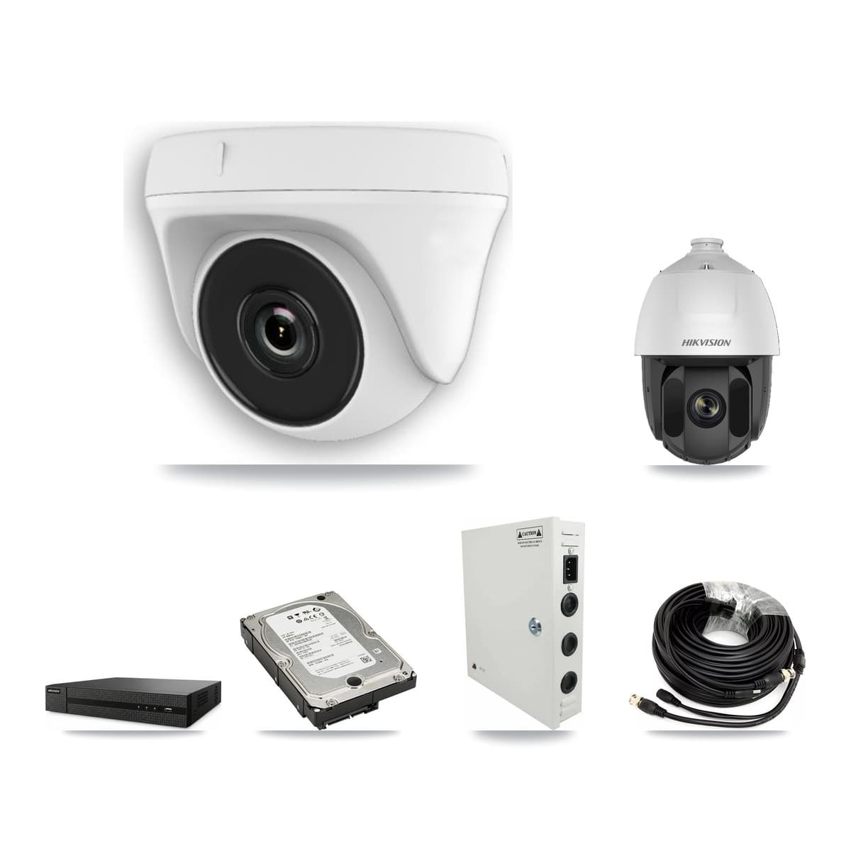 Hikvision 8-Channel 2MP CCTV Kit — 1 PTZ + 7 White Dome Cameras + 5TB Recording (DVR-8CH Recorder)