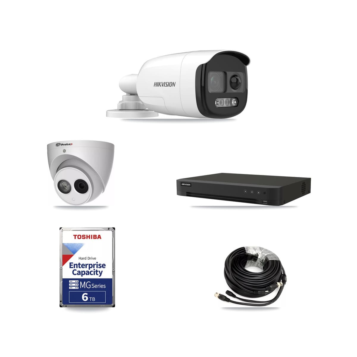 Hikvision & Prolux 8-Channel 4MP – 5MP CCTV Kit — 4 DS-2CE12KF3T-PIRXO 5MP Bullet + 1 PXC-612C4W-A-POC 4MP Turret Cameras + 6TB Recording (IDS-7208HUHI-M1/XT Recorder) - Image 1